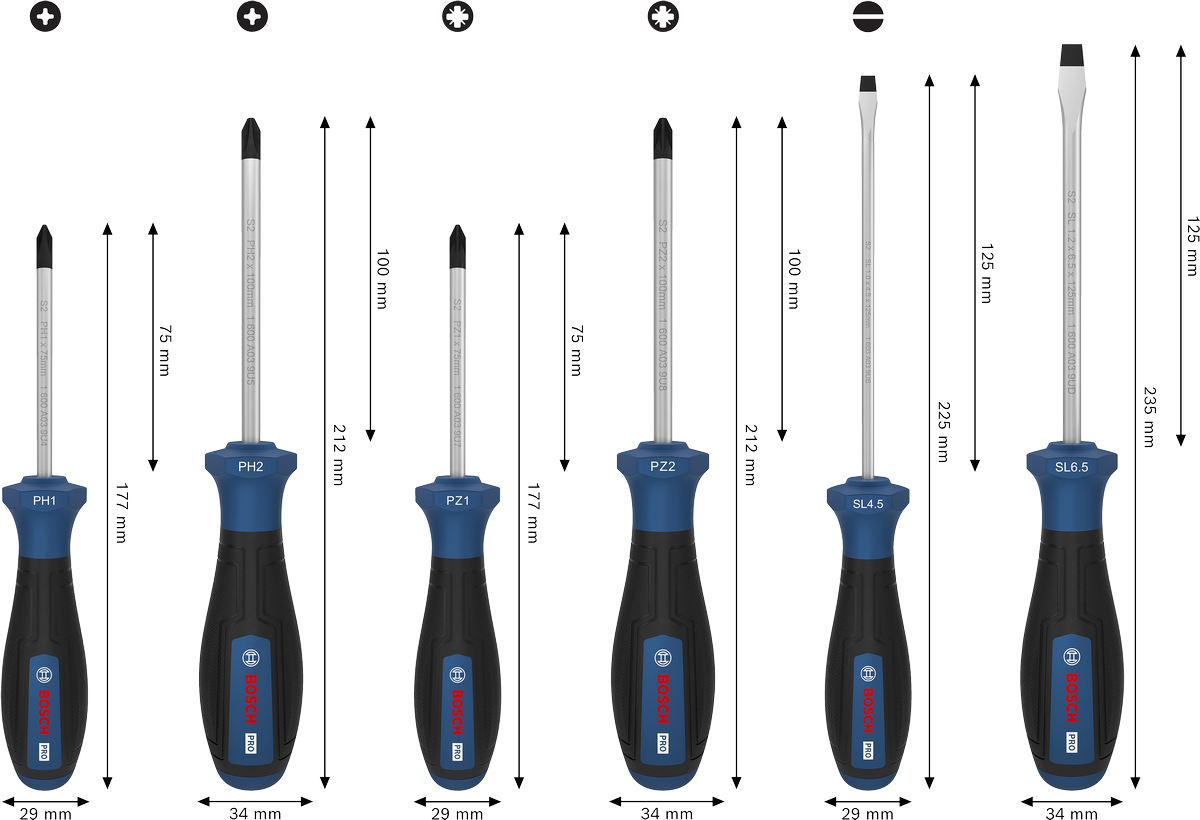 PRO Screwdriver PH/PZ/SL Set, 6 pçs