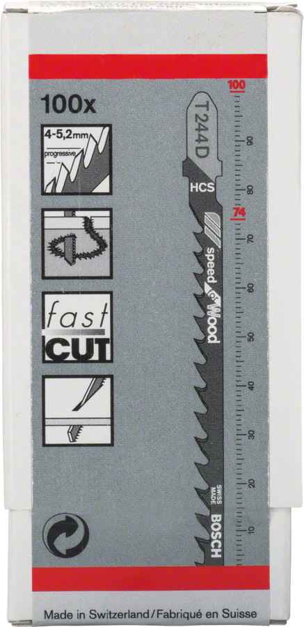 Hoja de sierra de calar Bosch T 244 D para un corte rápido de madera.