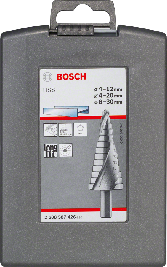 Juego de brocas escalonadas HSS de Bosch de 3 piezas: 4-12/4-20/6-30 mm.