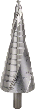 Broca escalonada HSS de Bosch M10-M40 para agrandar agujeros con precisión.
