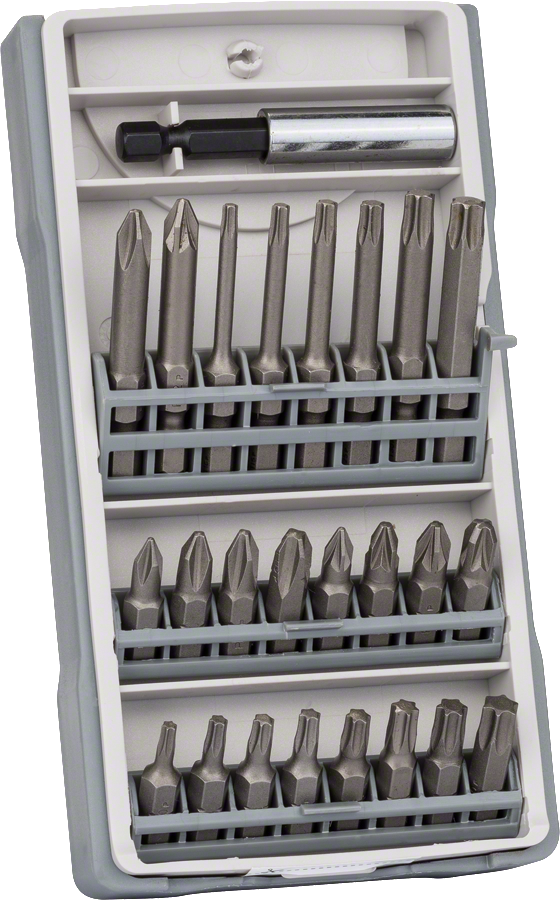 Juego de 25 puntas de destornillador Bosch PH/PZ/T en estuche.
