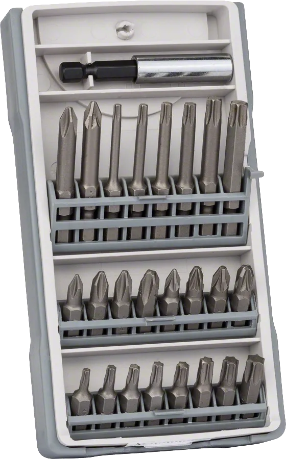 Juego de 25 puntas de destornillador Bosch PH/PZ/T en estuche.
