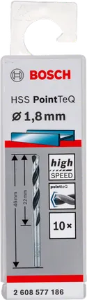 Paquete de brocas helicoidales Bosch HSS PointTeQ de 1,8 mm.
