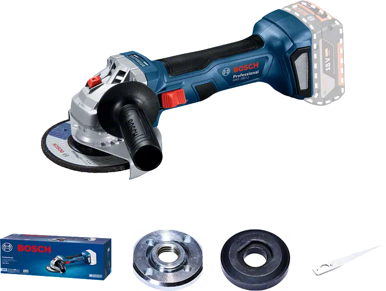 Amoladora angular inalámbrica Bosch GWS 180-LI con accesorios.