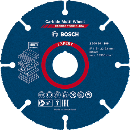 Disco de corte de carburo multimaterial Bosch EXPERT de 115 mm.