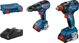 Kit combinado Bosch de 18 V con taladro, destornillador de impacto, cargador y estuche.