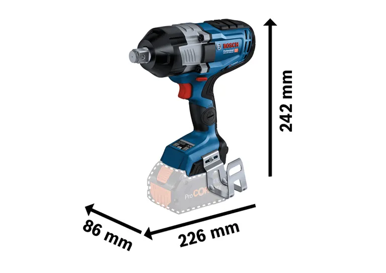 Llave de impacto inalámbrica Bosch GDS 18V-1600 HC con dimensiones.