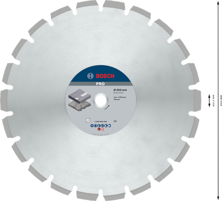 Disco de diamante para asfalto Bosch PRO de 450 mm para corte de asfalto.