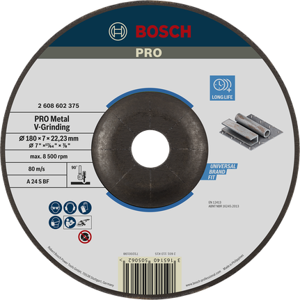 Disco abrasivo Bosch PRO Metal V de 180 mm para un lijado de metales de larga duración.