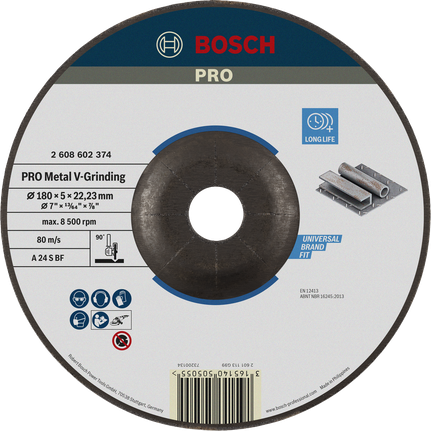 Disco abrasivo en V Bosch PRO Metal de 180 mm para trabajos en metal.