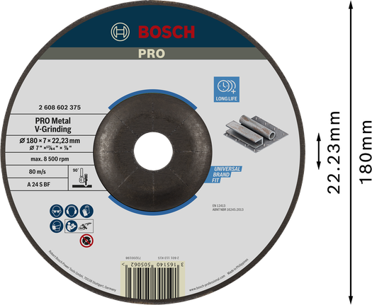 Disco abrasivo en V Bosch PRO Metal de 180 x 7 x 22,23 mm.