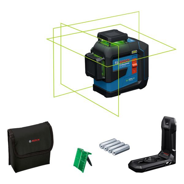 Herramienta niveladora láser Bosch GLL 80-33 G con accesorios.