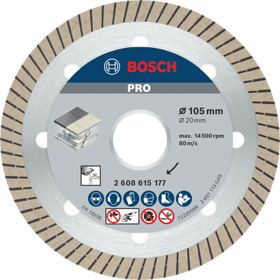Disco de diamante cerámico Bosch PRO de 105 mm para corte de azulejos.