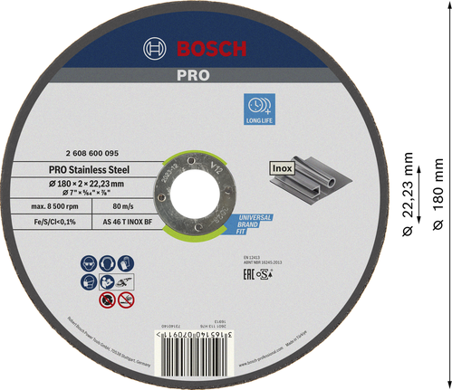 Disco de corte de acero inoxidable Bosch PRO 180x2x22,23 mm.