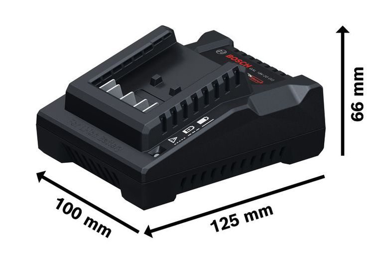 Cargador de baterías Bosch GAL 18V-20 con dimensiones.