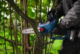Una persona que usa equipo de seguridad utiliza una sierra podadora inalámbrica para cortar la rama de un árbol.