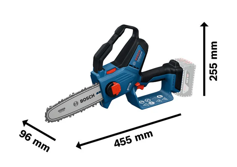 Podadora de batería Bosch GKE 18V-20 con dimensiones de tamaño.