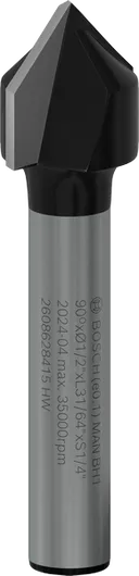 Broca enrutadora Bosch PRO con ranura en V de 90°, vástago de 1/2 pulgada y 1/4 de pulgada.