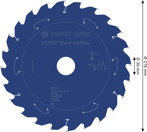 Hoja de sierra circular inalámbrica Bosch EXPERT Wood, 216 mm, 24 dientes.