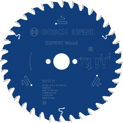 Hoja de sierra circular para madera Bosch EXPERT de 150 mm para un corte preciso de madera.