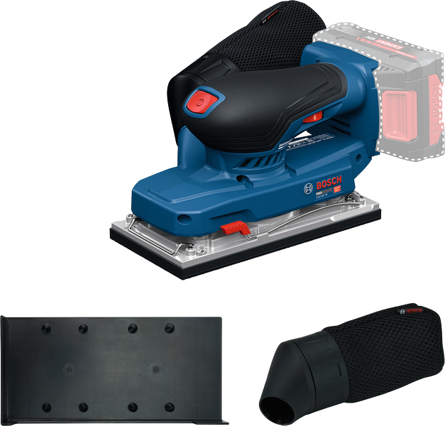 Lijadora orbital inalámbrica Bosch GSS 18V-18, depósito para polvo.