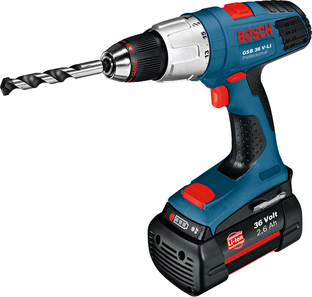 Taladro combinado inalámbrico Bosch GSB 36 V-LI con batería de 36 V.