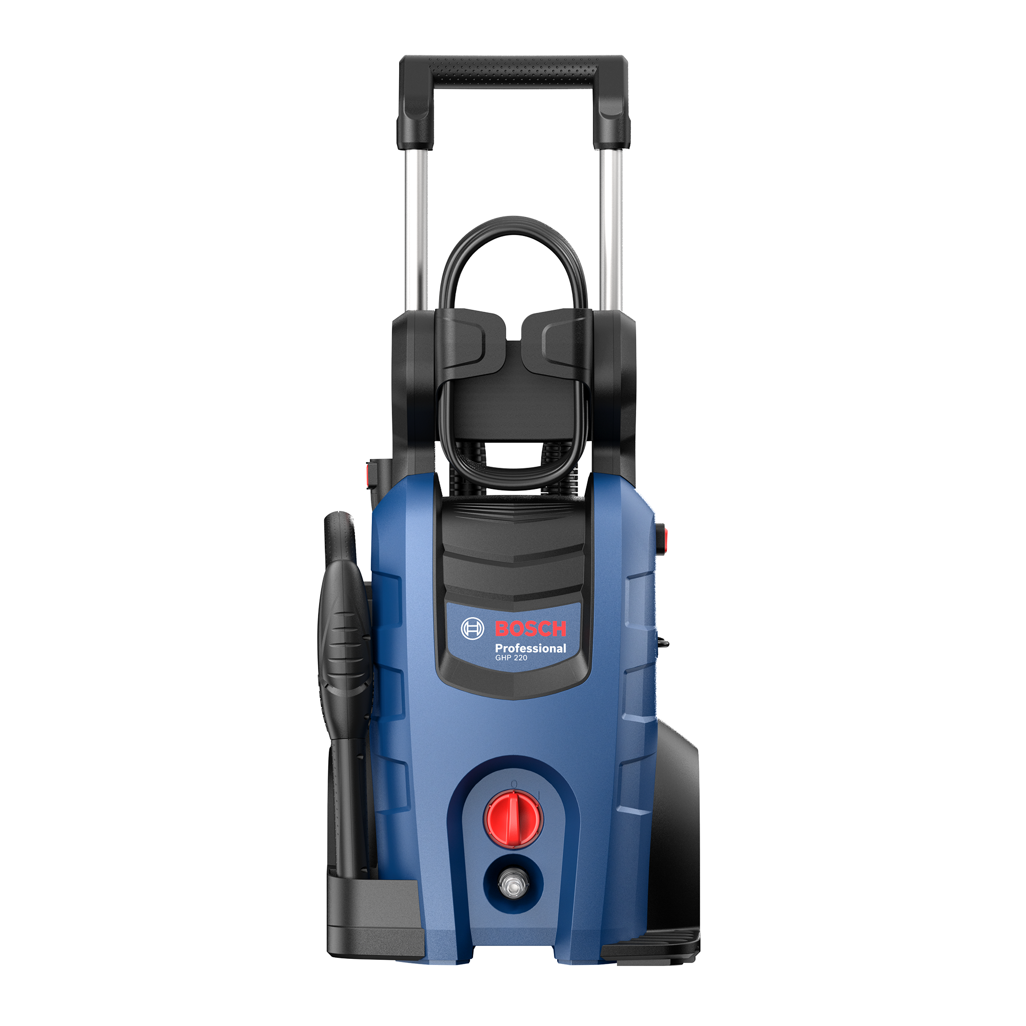 Una hidrolavadora Bosch Professional azul con manguera y asas.