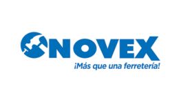 Logotipo de Novex en azul con un martillo y un destornillador, lema abajo.