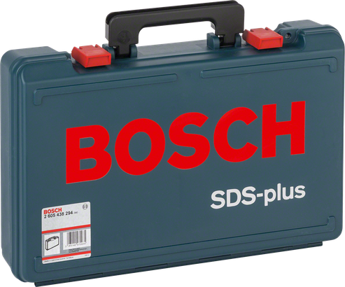Bosch SDS-plus-Kunststoffkoffer mit Tragegriff und roten Verschlüssen.