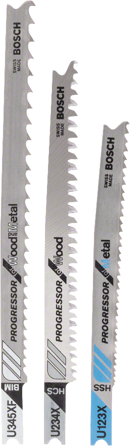 3-teiliges Progressor U-Schaft-Stichsägeblatt-Set von Bosch für Holz und Metall.