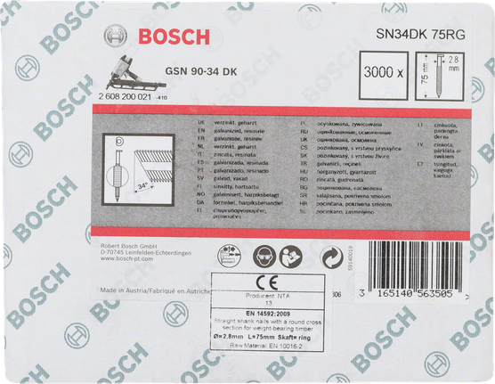 Bosch GSN 90-34 DK Nägel, 2,8 mm x 75 mm, 3000er Packung.