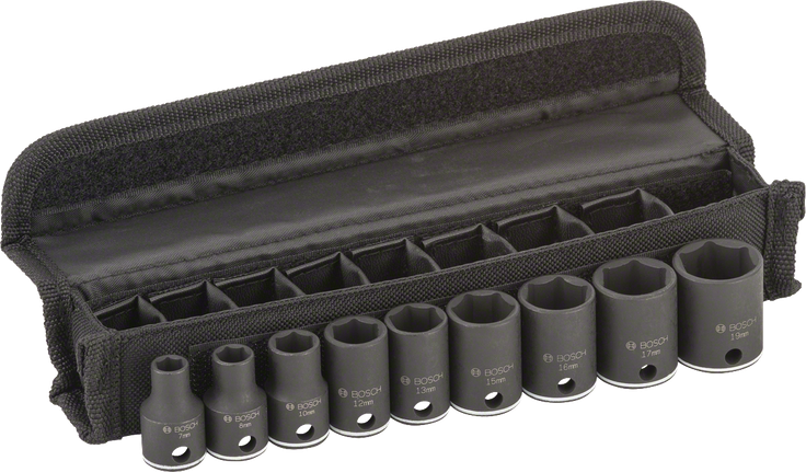 Bosch 9-teiliger Steckschlüsselsatz 7-19 mm im Koffer.