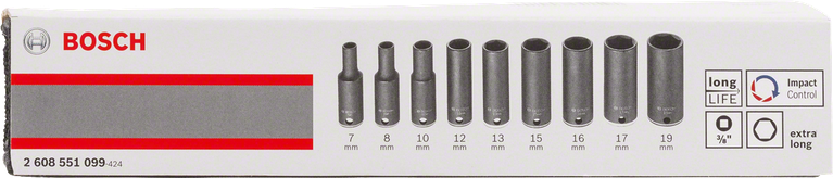 Bosch 9-teiliger extra langer Steckschlüsselsatz 7–19 mm.