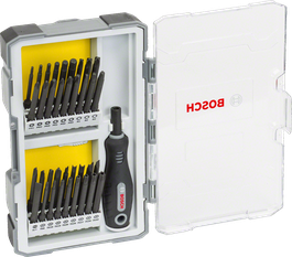 37-teiliger Schraubendrehersatz von Bosch mit Griff und Bithalter.