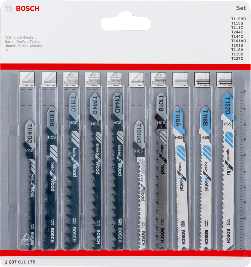 Bosch 10-teiliges T-Schaft-Stichsägeblatt-Set für Holz und Metall.
