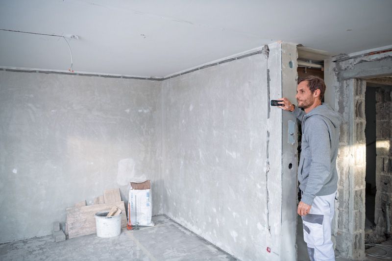 Eine Person misst mit einem Laser-Entfernungsmesser eine Wand in einem teilweise fertiggestellten Raum.