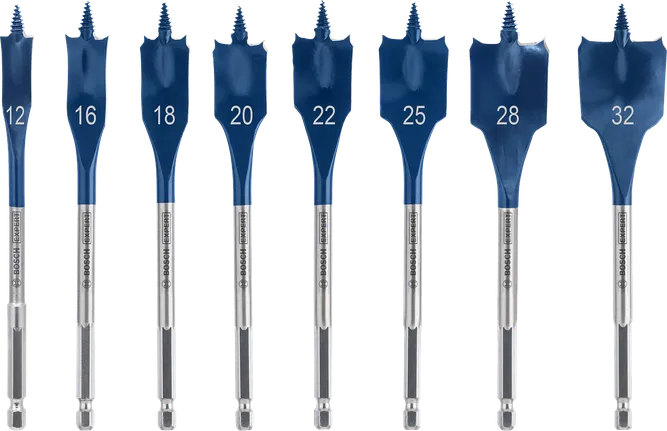 Bosch Flachbohrer-Set mit Größen 12 bis 32 mm.