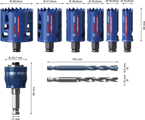 Bosch EXPERT Multi Material Lochsägen-Set, 9-teilig, verschiedene Größen.