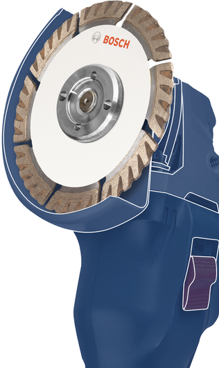 Winkelschleifer mit Diamanttrennscheibenaufsatz, Werkzeugkörper blau dargestellt.