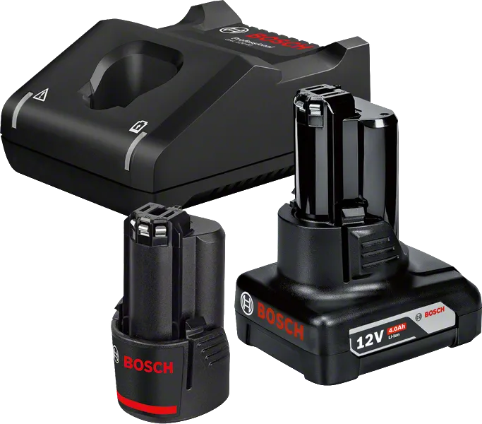 Bosch 12V Batterieset mit Ladegerät und zwei Akkus.