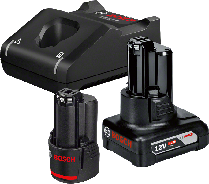 Bosch 12V Batterieset mit Ladegerät und zwei Akkus.