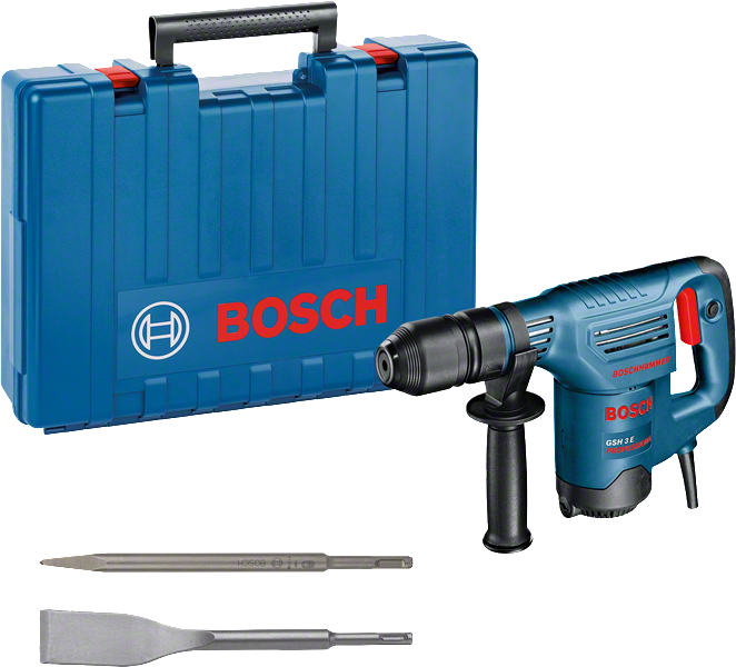 Bosch GSH 3 E Abbruchhammer mit Koffer und Meißelbits.