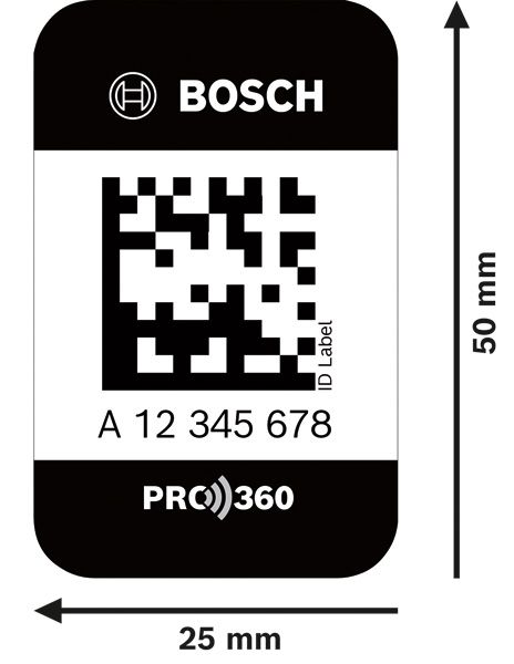 Bosch ID-Etikett für PRO360 mit QR-Code und Seriennummer.