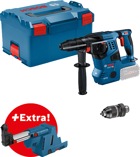 Bosch GBH 18V-28 Bohrhammer-Set mit zusätzlicher Staubabsaugung.
