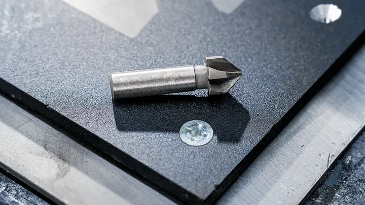Senkbohrer, der auf einem Metallblech in der Nähe einer Schraube und gebohrter Löcher ruht.
