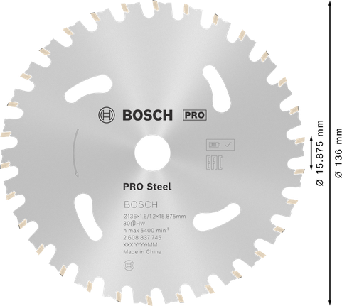 Akku-Kreissägeblatt Bosch PRO Steel, 136 mm, 30 Zähne.