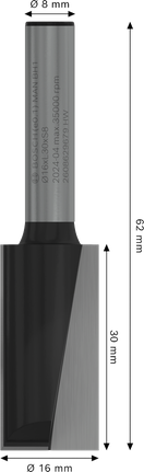 Bosch PRO-Fräser, gerader 16-mm-Fräser, zwei Schneiden, 8-mm-Schaft.