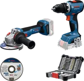 Bosch GSR 18V-65 und GWS 18V-11 Kombi-Set mit Bits und Trennscheibe.