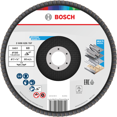 Bosch X451 Fächerscheibe 180 mm G60 für verschiedene Materialien.