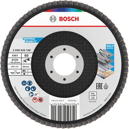 Bosch X451 Fächerscheibe 125 mm G60 für verschiedene Materialien.